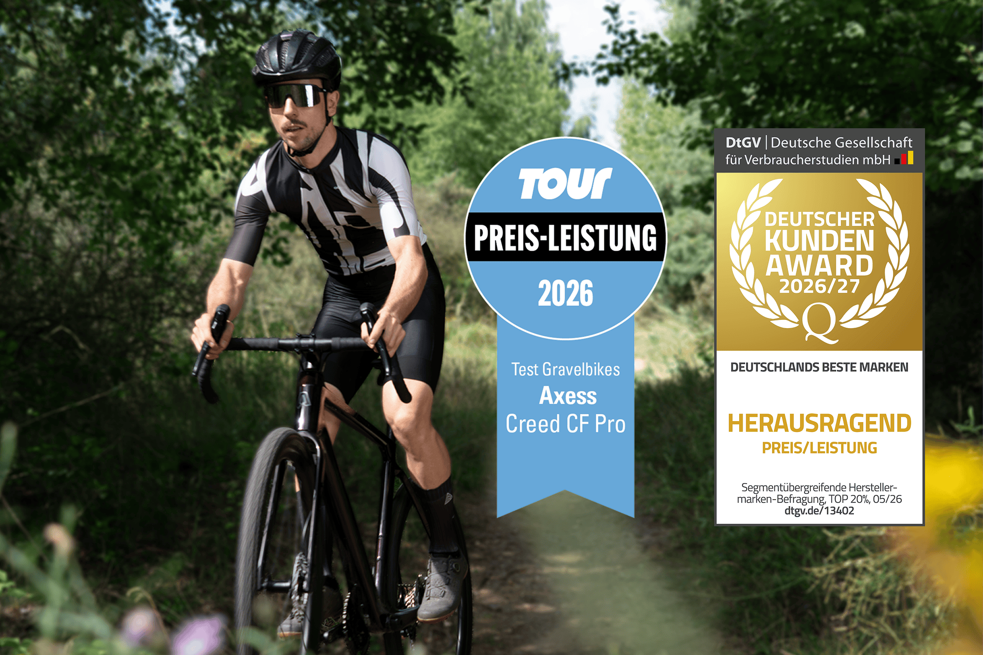 Axess Creed CF Pro ausgezeichnet als Preis-Leistungs-Sieger 2026 vom TOUR-Magazin und mit dem Deutschen Kunden Award 2026/27 der DtGV als 'Herausragend Preis/Leistung'. Zwei Siegel bestätigen die Auszeichnungen. 