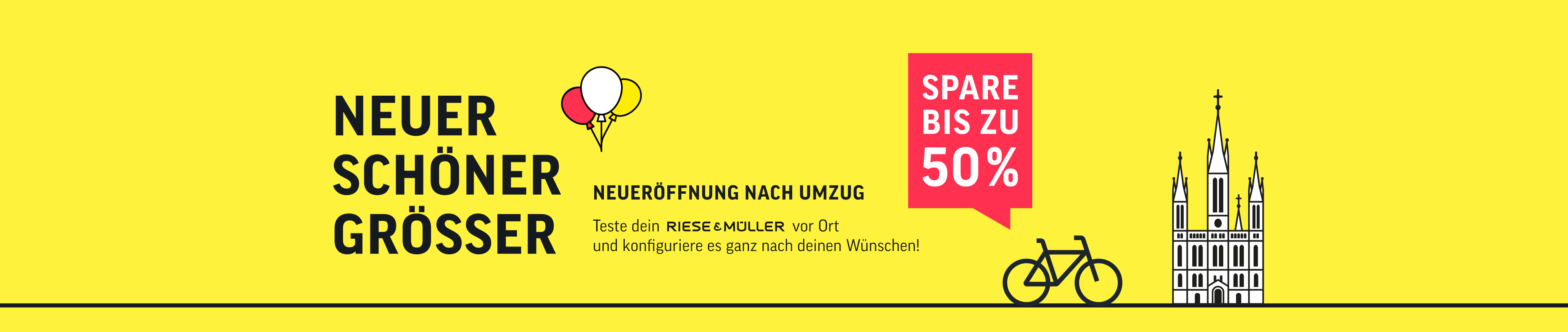 Neueröffnung nach Umzug - komm vorbei und spare bis zu 50% - teste dein Riese & Müller Bike vor Ort und konfiguriere es ganz nach deinen Wünschen! 