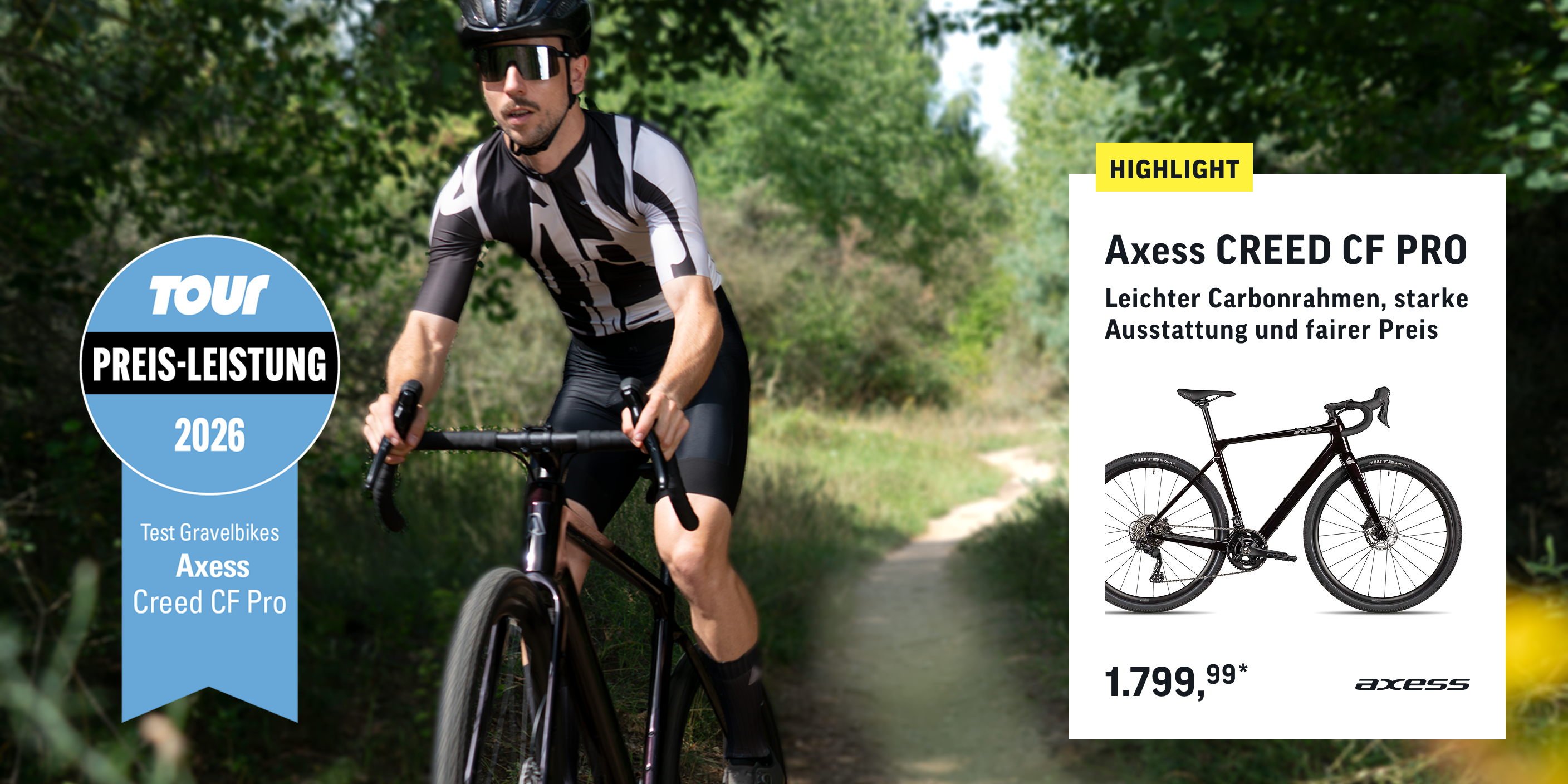 Das für 1.799,99 Euro erhältliche Gravelbike Axess CREED CF PRO wurde im Test des Magazins TOUR mit dem Siegel "PREIS-LEISTUNG 2026" ausgezeichnet