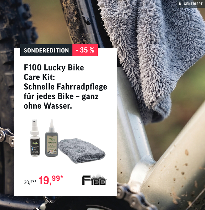 Sonderedition: F100 Lucky Bike Care Kit für eine schnelle Fahrradpflege für jedes Bike, ganz ohne Wasser.