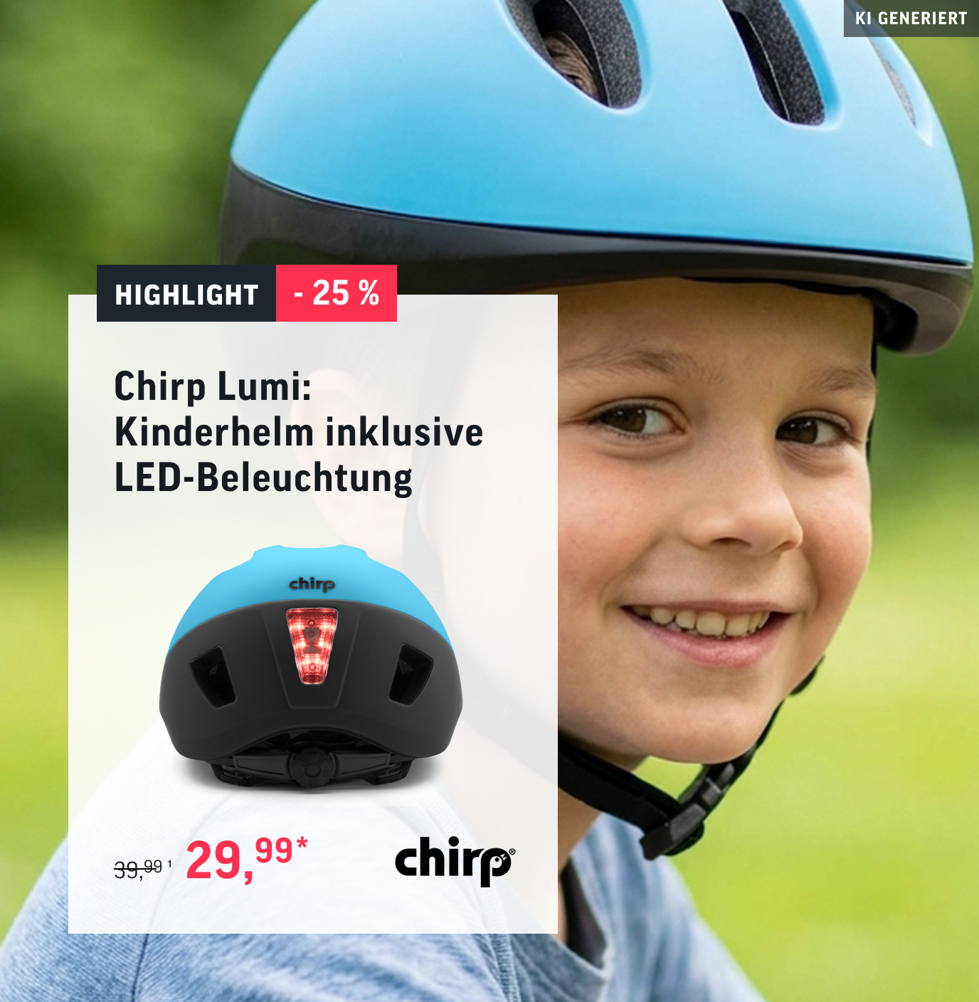 Chirp Lumi LED: Ein Kinderhelm mit Magnetschloss und LED-Licht. Das Hintergrundbild ist KI generiert.