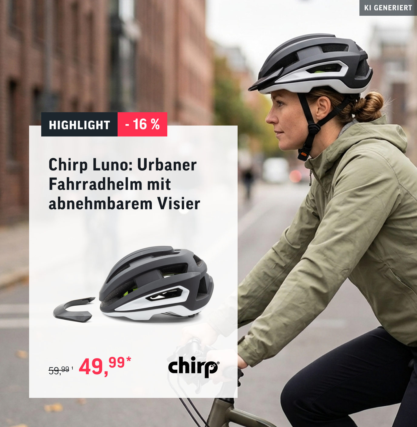 Der Chirp Luno ist ein urbaner Fahrradhelm mit einem Top Preis-Leistungsverhältnis. Das Hintergrundbild ist mit KI generiert
