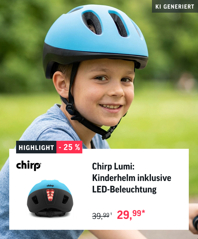 Chirp Lumi LED: Ein Kinderhelm mit Magnetschloss und LED-Licht. Das Hintergrundbild ist KI generiert.