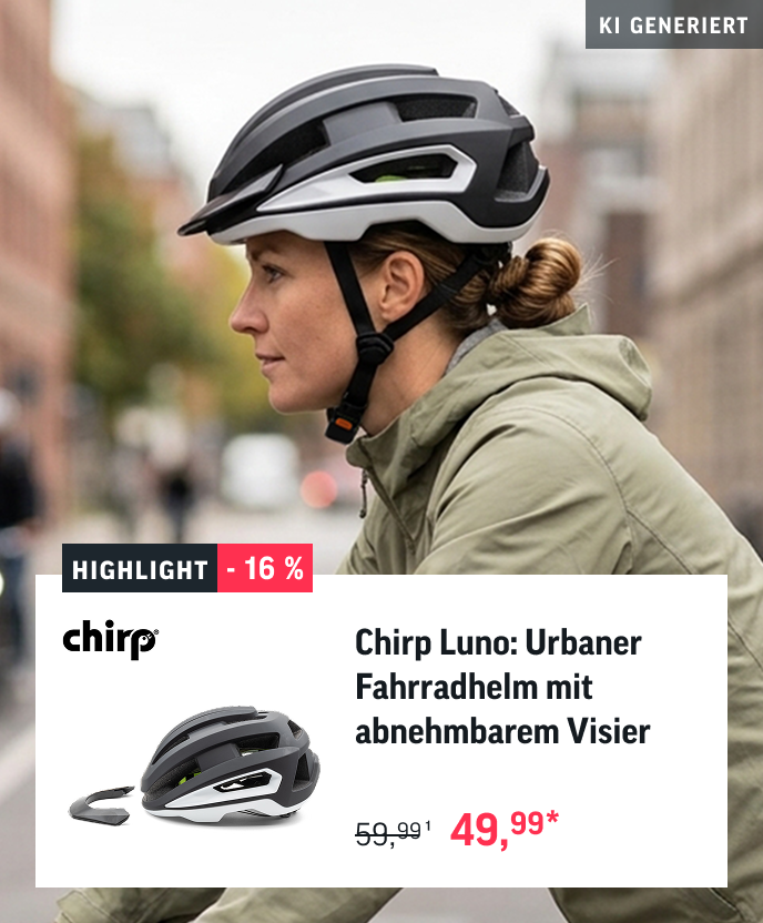 Der Chirp Luno ist ein urbaner Fahrradhelm mit einem Top Preis-Leistungsverhältnis. Das Hintergrundbild ist mit KI generiert