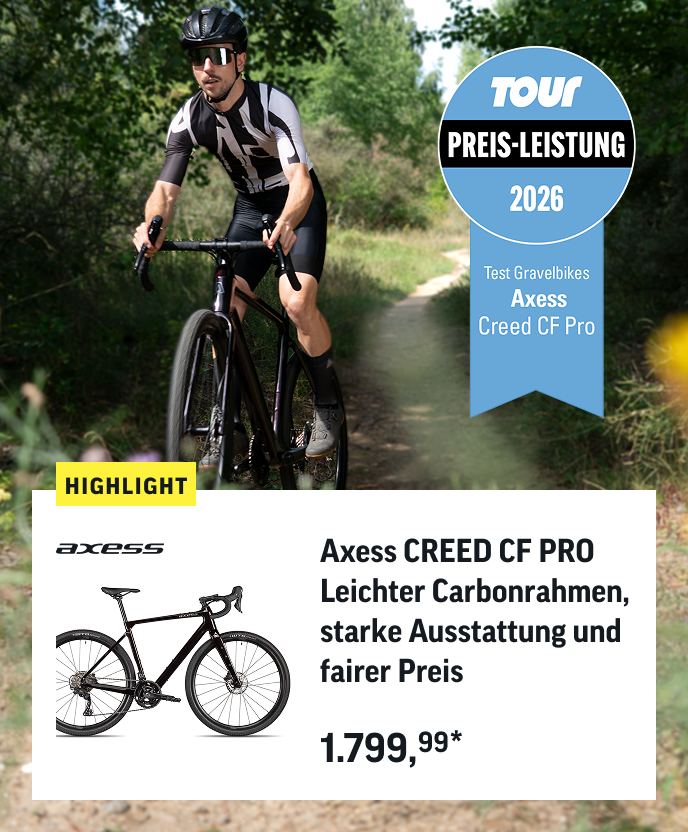 Das für 1.799,99 Euro erhältliche Gravelbike Axess CREED CF PRO wurde im Test des Magazins TOUR mit dem Siegel "PREIS-LEISTUNG 2026" ausgezeichnet
