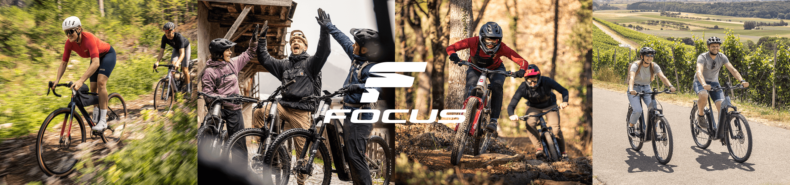 Vierteilige Bildcollage von der Marke Focus: Ganz links sind eine Frau und ein Mann auf Gravelbikes im Wald zu sehen, direkt daneben eine Gruppe von drei Leuten auf Mountainbikes, die sich abklatschen an einer Berghütte, gefolgt von zwei Mountainbikefahrern im Wald und ganz recht ein Pärchen auf zwei E-Trekkingbikes auf einer Straßen zwischen Weinreben. In der Mitte liegt das weiße Logo "Focus".