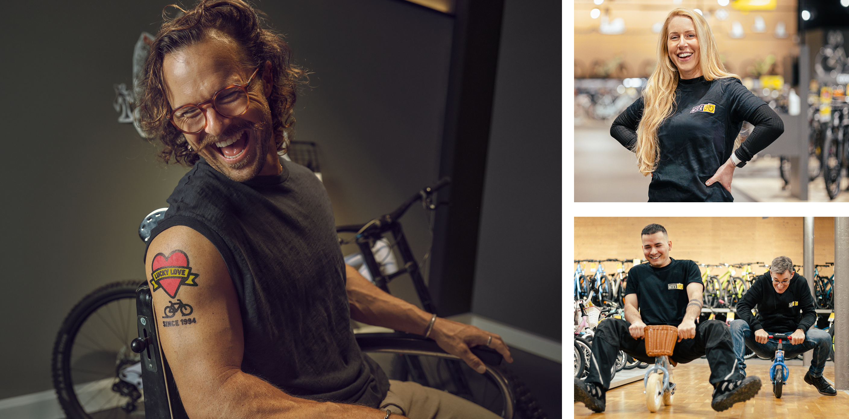 Mann mit dem Tattoo „Lucky Love“ auf der Schulter, Frau mit T-Shirt „Lucky Guide“, Mitarbeitende auf Kinderfahrrädern