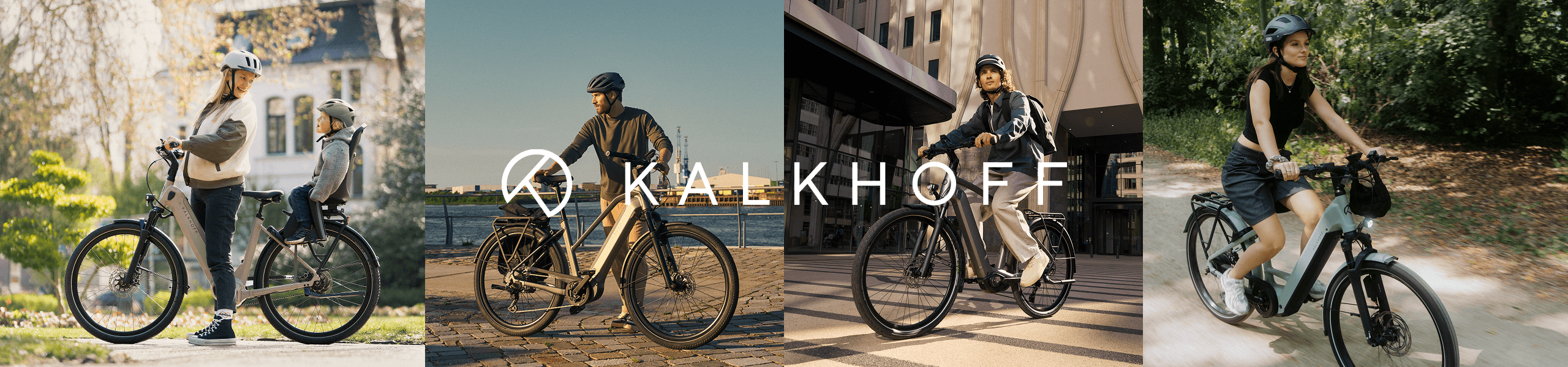 Vierteilige Bildcollage der Marke Kalkhoff: ganz links eine Mutter mit einem Kind auf einem E-Citybike im Park, daneben ein Mann mit E-Trekkingbike auf einer Uferpromenade, gefolgt von einem weiteren Mann auf einem E-Citybike in der Stadt und ganz rechts eine Frau auf einem E-Trekkingbike im Wald. In der Mitte befindet sich das Kalkhoff Logo