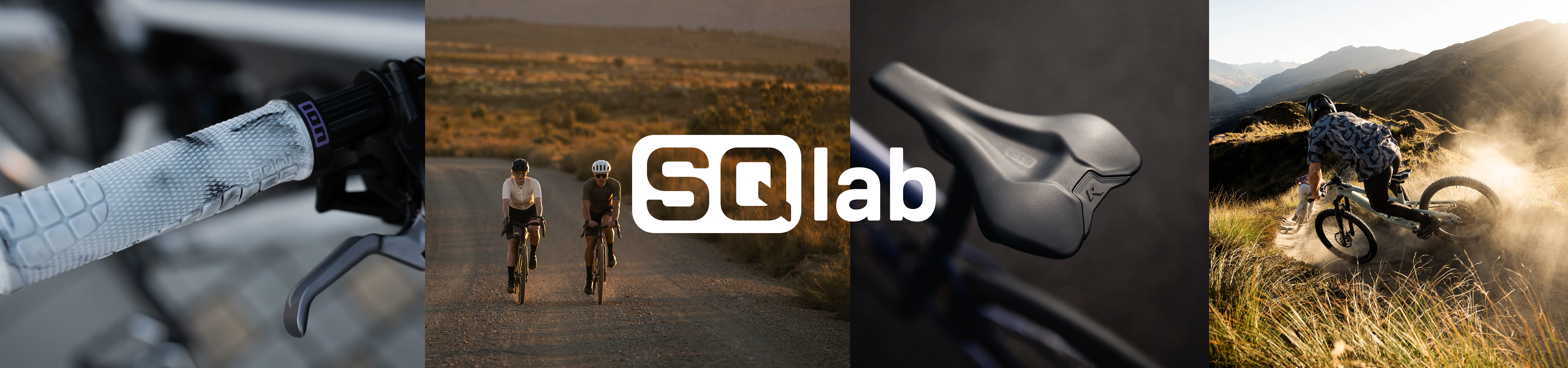 Vierteilige Bildcollage der Marke SQlab: Ganz links ein Fahrradgriff in Nahaufnahme, daneben zwei Gravel-Biker auf einer Schotterstraße, gefolgt von einer Nahaufnahme eines ergonomischen Fahrradsattels und ganz rechts einem Mountainbiker in einer staubigen Kurve. In der Mitte liegt das weiße Logo „SQlab“