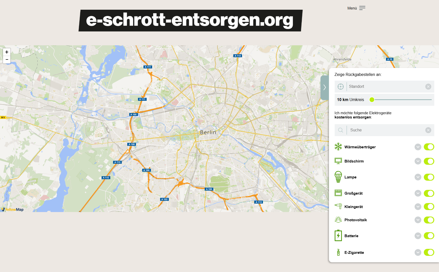 Interaktive Karte der Website e-schrott-entsorgen.org um eine Rückgabestelle für Batterien und Elektrogeräte zu finden.