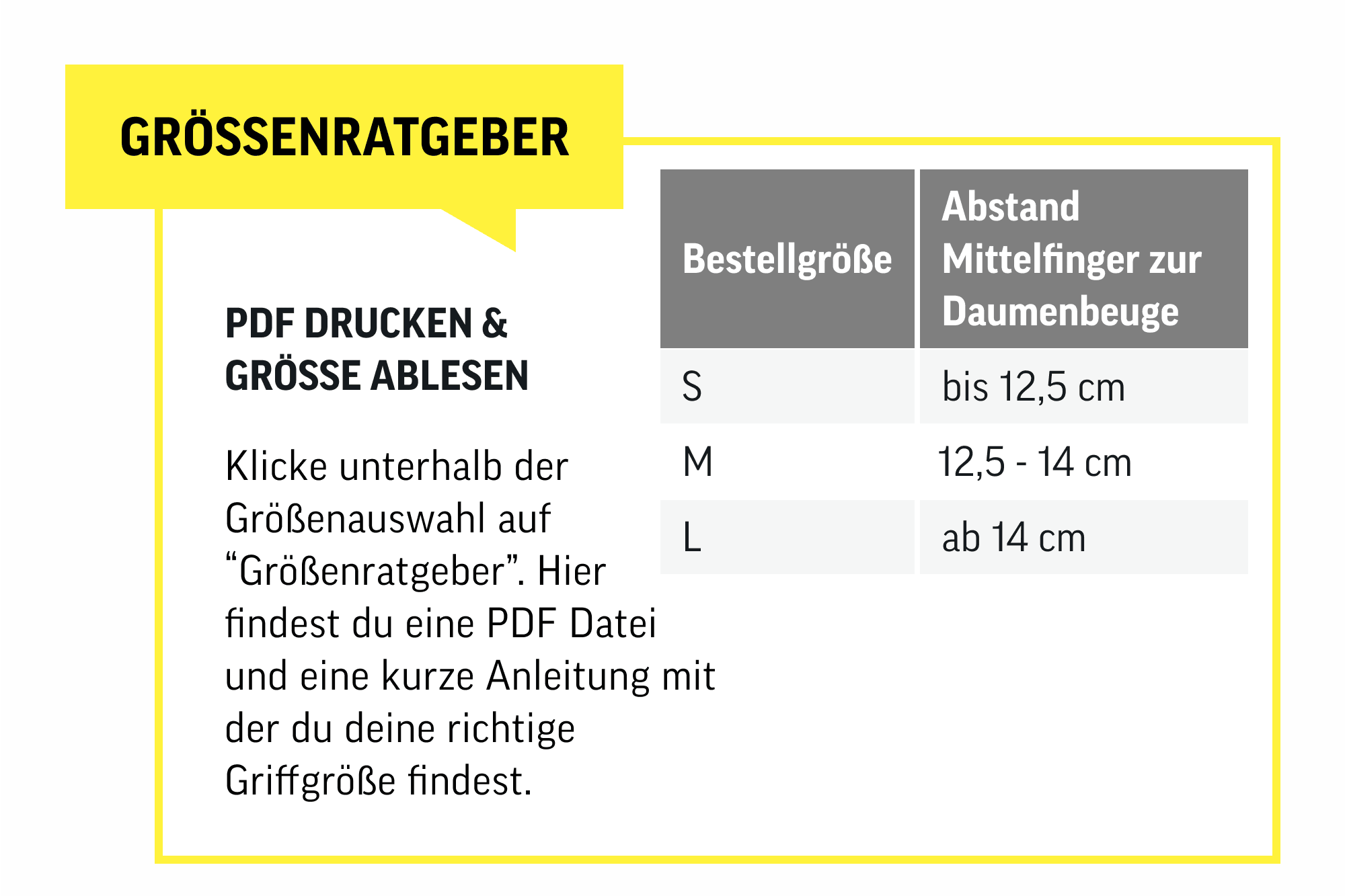 SQlabGrößenratgeber unterhalb der Größenauswahl. PDF runterladen und die richtige Größe für dich finden.