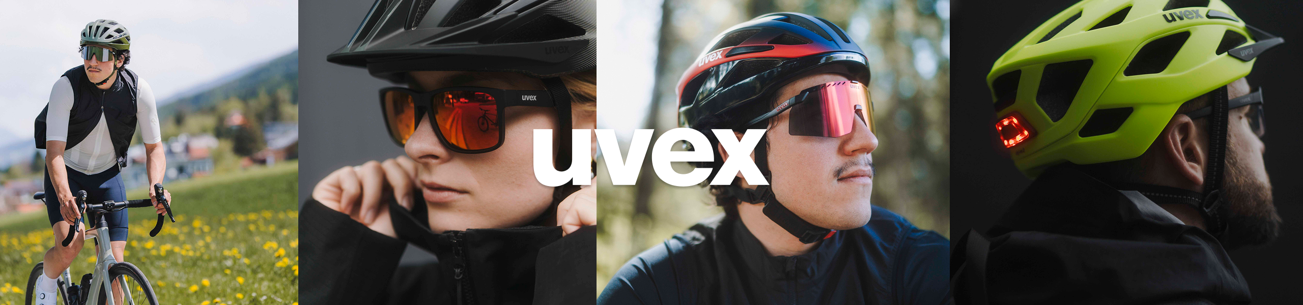 Uvex Logo vor einer vierteiligen Collage mit Radsportlern, die verschiedene Fahrradhelme und Sportbrillen der Marke tragen