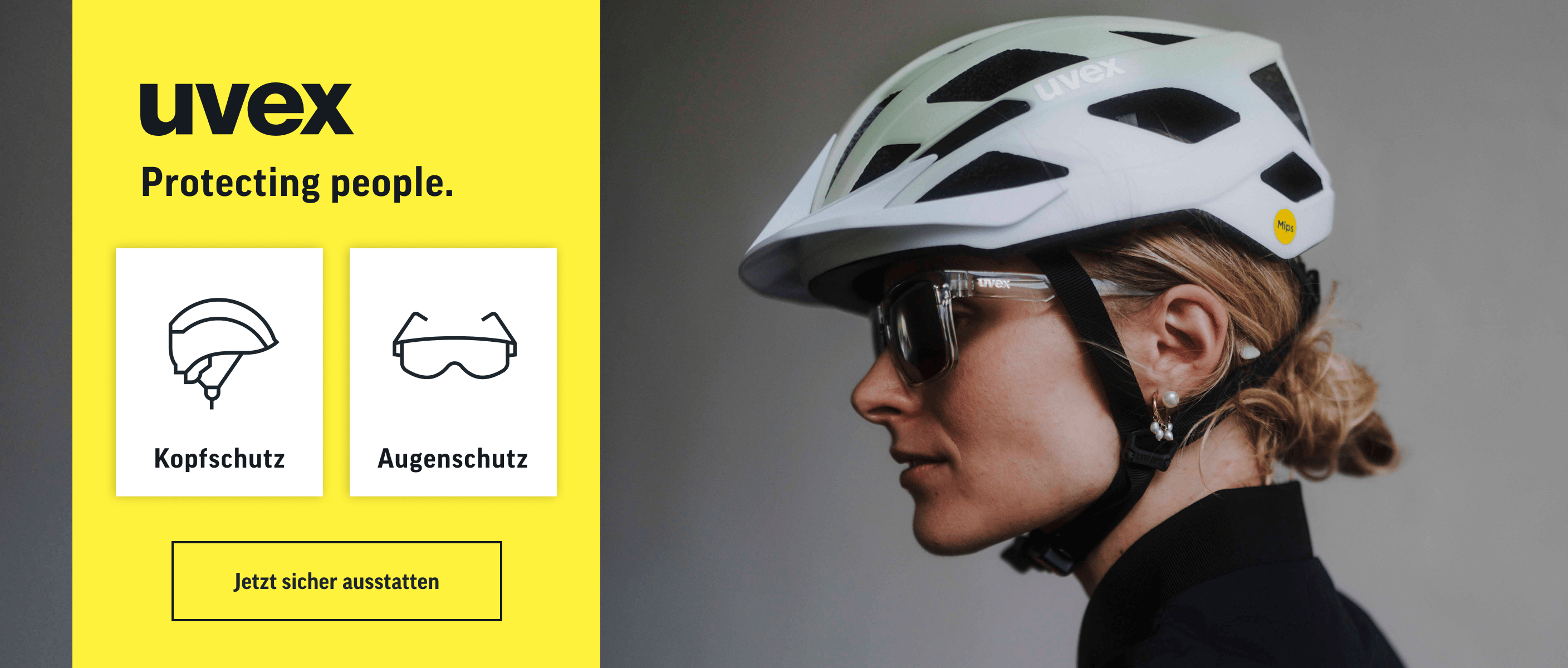 Werbebanner von uvex. Eine Radfahrerin im Profil trägt einen weißen uvex-Fahrradhelm und eine transparente Sportbrille. Daneben der Slogan 'Protecting people' sowie Icons zur Auswahl von Kopfschutz und Augenschutz
