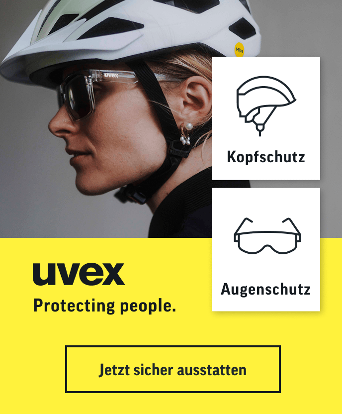 Werbebanner von uvex. Eine Radfahrerin im Profil trägt einen weißen uvex-Fahrradhelm und eine transparente Sportbrille. Daneben der Slogan 'Protecting people' sowie Icons zur Auswahl von Kopfschutz und Augenschutz