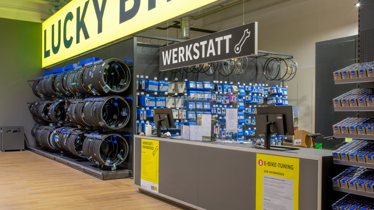 Werkstatt in der Lucky Bike Filiale in Leipzig Sachsenpark